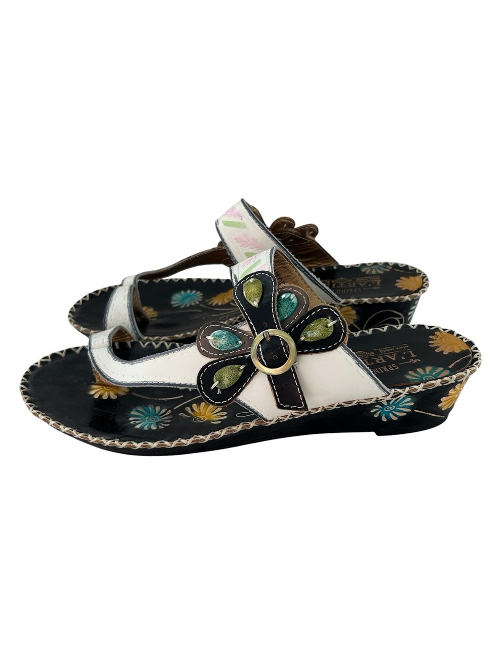 L’ARTISTE by Springstep Santorini White Leather Floral Toe Loop Thong Sandals 40